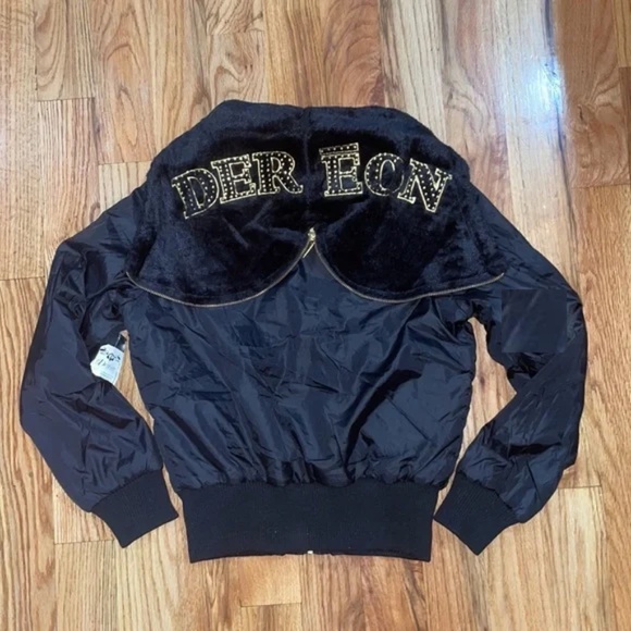 NEW Black Dereon Y2K 00's Rhinestone Nylon Fur Hood Puffer Jacket Coat M - Picture 1 of 17